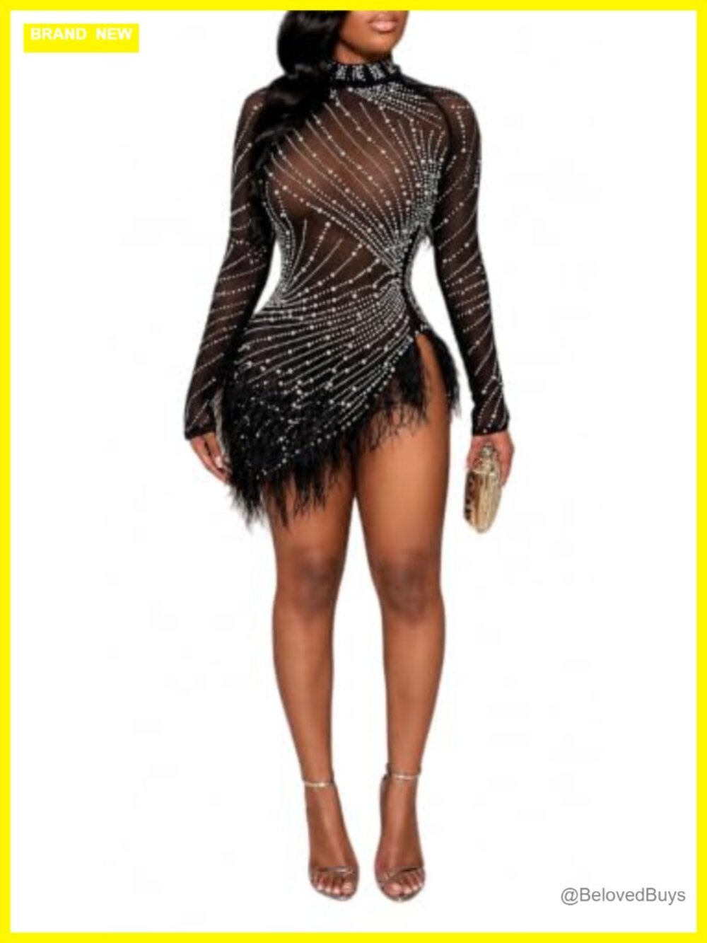 Rhinestone Feather Mesh Sheer Bodycon Long Sleeve Mini Club Dress